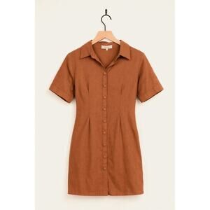 Meshki Palma Cinched Waist Linen Button up Dress Brown Sz Small